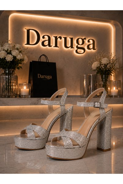 DARUGA حذاء زفاف فضي بكعب سميك ونعل سميك، حذاء خطوبة