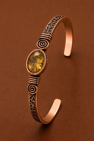 OSMANLI GÜMÜŞ Women's Copper Bracelet with Natural Yellow Citrine Natural Sto...