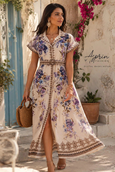 AsprinFashion Women's Digital Printed Linen Look Belted Long Dress