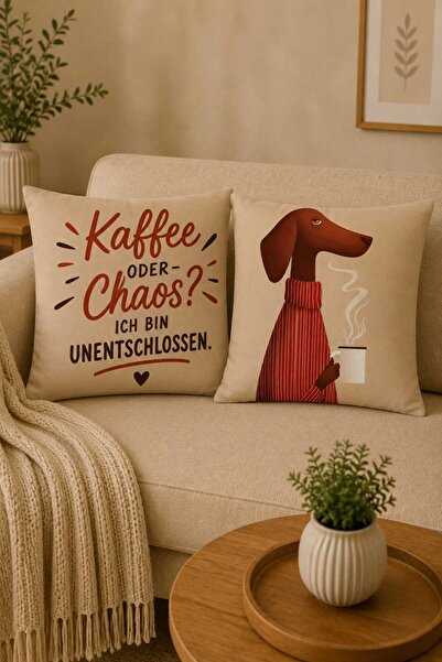 Sakallı Set of 2 Decorative Throw Pillow Covers – Coffee-Themed Dog and Germa...