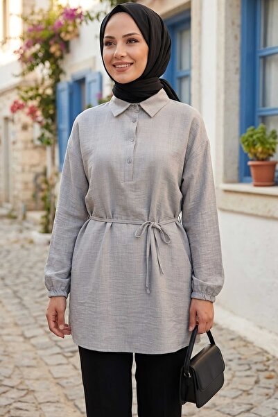 TOFİSA Kuşaklı Düğmeli Tunik Gri - 1301-GRI