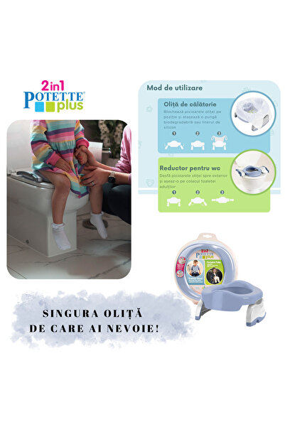 Potette Plus Olita Portabila Copii Potette, 3 Pungi Biodegradabile, Toaleta Pliabila, Olita si Reductor Wc, Punga transport, Picioare Rabatabile, Pentru Calatorii, Masina, Tren, Avion, Misty/Alb