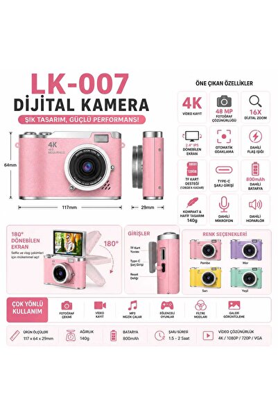 beemen LK-007 4K Dijital Kamera 48 MP Selfie Ekranlı Vlog Kamerası 16X Dijital Zoom Type-C Şarj Çocuk ve Başlangıç Seviyesi Kamera