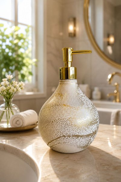 ANGDESİGN Celina Glass Liquid Soap Dispenser | |   Gold White | |   Modern Luxury Bathroom Accessory Decorative Liquid Soap Dispenser Soap Dispenser Countertop Sink for Bathroom & Kitchen | |   Gold Pompali | |   Dishwashing Detergent Hand Soap