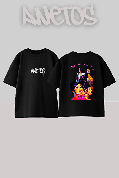 Anetos Cardi B_62 Design Printed Oversize Black T-Shirt
