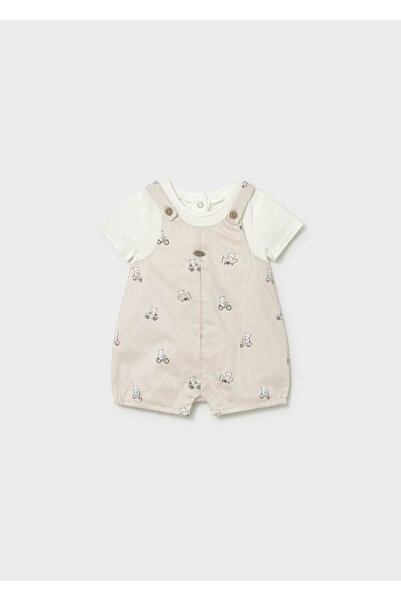 MAYORAL Baby Teddy Bear Patterned Striped Short Jumpsuit Beige 1613
