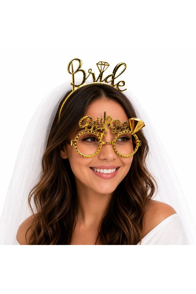 ArkhenX Gold Crown and Party Glasses Set with Bride Writing