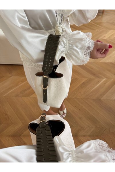 Tina İstanbul Knitted Leather Handle Linen Hand and Shoulder Bag Khaki