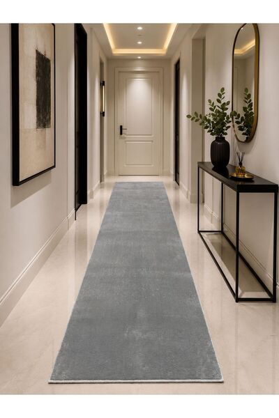 Lionhome Peluş Kaymaz Taban Düz Renk Gri Saçaksız Yıkanabilir Yolluk Salon Ha...