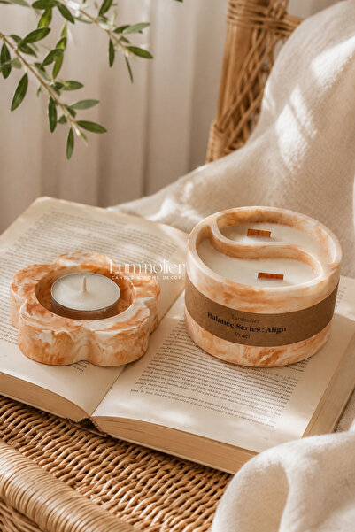 Luminolier Şeftali Kokulu Yin Yang Ahşap Fitilli Mum & Çiçek Tealight Mumluk ...