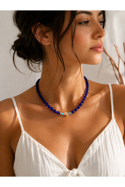 ANKA JEWELLRY Dark Blue Natural Stone Looking Beaded Shell Detail Gold Color ...