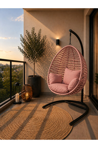 Pawentra Armut Salıncak Tek Kişilik Makrome Pembe Ip Örgü Bahçe Balkon Ev Sal...