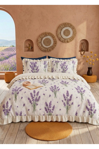 GÖRMEZ TEKSTİL Double Lavender 100% Cotton Ruffled Duvet Cover Set