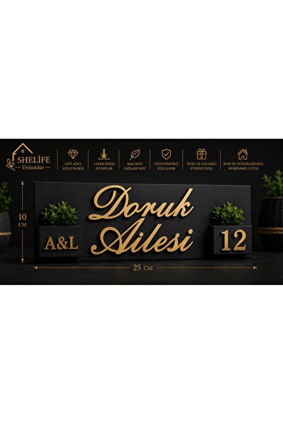 SHELİFE Premium Kişiye Özel Kapı İsimliği Gold Pleksi Siyah MDF Çiçekli Moder...