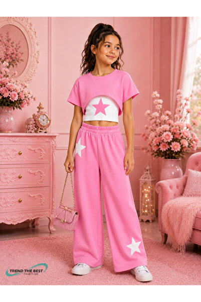 TREND THE BEST Trendin En İyisi Summer Star Printed Girls' Cropped 3-Piece Set