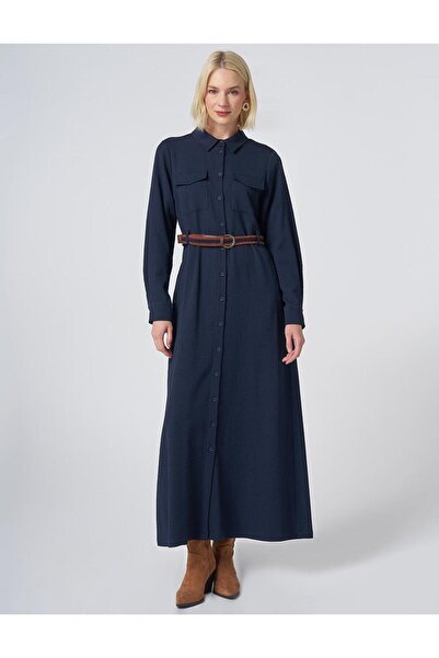 Kayra Straw Belt Detailed Maxi Dress Dark Navy Blue