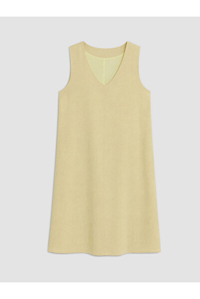 LC Waikiki Lcwaikiki Curve Yellow Plus Size Linen Blend Dress