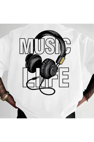 BASEPULSE تي شيرت عصري بطباعة رسمية لسماعات الرأس - طباعة حروف "MUSIC"، مناسب...
