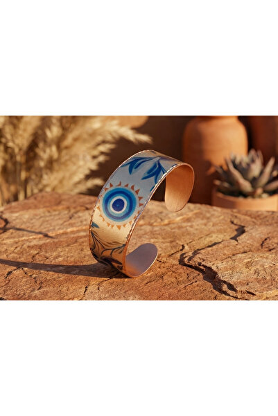 Erol Bakır Copper Evil Eye Patterned Wide Adjustable Cuff Bracelet