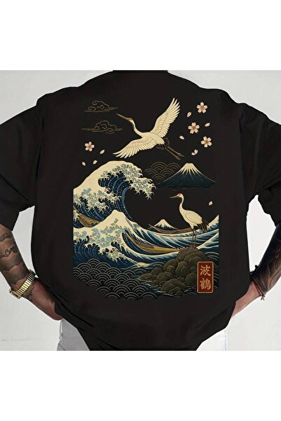 2mcup Japanese Ukiyo-e Wave Crane T-Shirt - Loose-Fit Round Neck Summer Shirt...