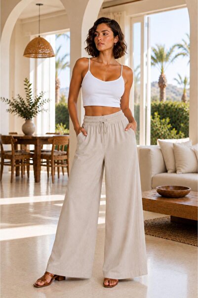 OurStyles YAZLIK KETEN KARIŞIMLI KADIN YÜKSEK BEL PANTOLON