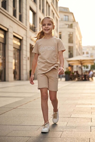 NEWKİDS Children's Girls' Suit Beige Capri Pants with Maryland Print Comforta...