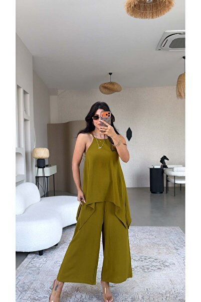 Buket Teke Olive Bluz Pantolon Görünümlü Tiril Tulum