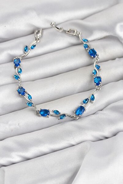 Clariss Brass Silver Color Blue Zircon Stone Flower Model Women's Bracelet