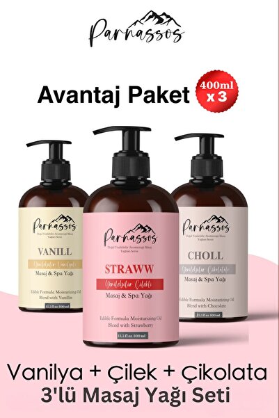 Parnassos Vanilya Çilek Çikolata Aromalı Masaj Yağı Seti 3 x 400 ml (1200 ml)...