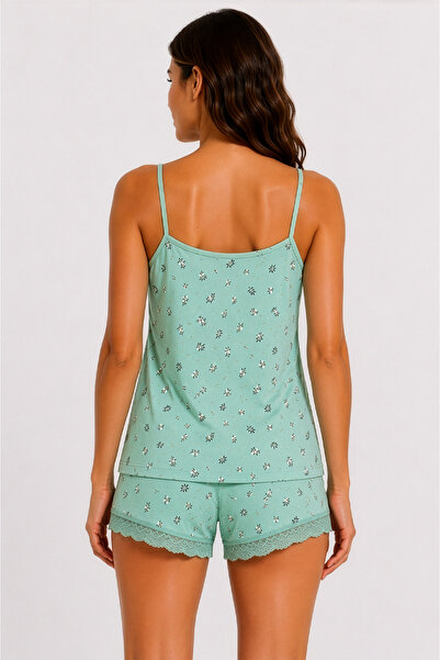 HNX Kadın Desenli Dantel Detaylı İnce Askılı Atlet Şort Pijama Takım