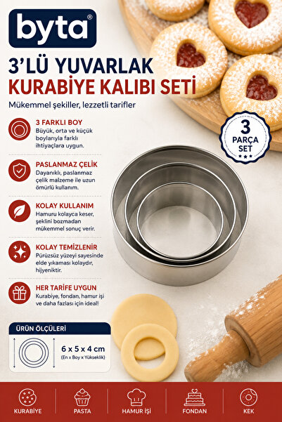 BYTA 3'lü Paslanmaz Çelik Yuvarlak Kurabiye ve Hamur Kesici Kalıp Seti – Fark...
