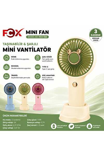 fcx FOX Mini Fan Şarjlı Taşınabilir El Vantilatörü 3 Kademeli Type-C Telefon ...