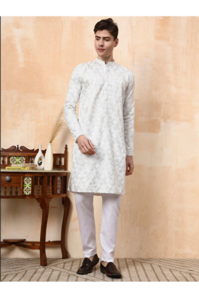 Devoiler Mens White Silver Jari Work Cotton Kurta Set