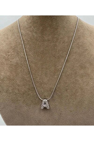 Haziran Accessory, Italian Chain with Zircon Stones Minimal Chubby Letter Sil...