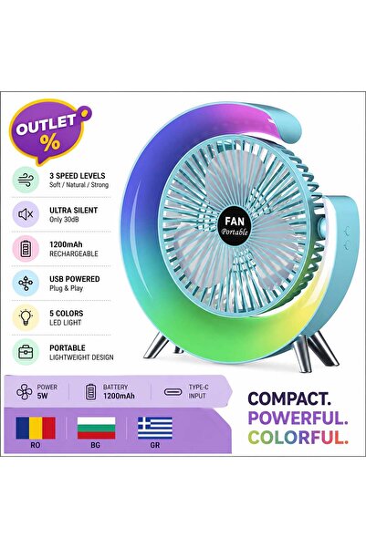 ASMXX Преносим USB вентилатор с RGB LED осветление, 3 скорости, 1200 mAh акум...