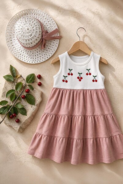 Perendi Girl's Cherry Embroidered Hat and Dress