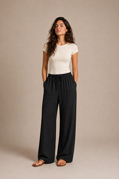 BARRELS AND OIL Women's tie-waist wide leg pants - black