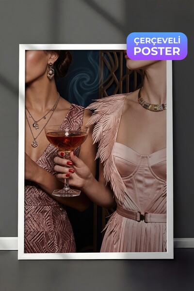 Postifull Woman and Cocktail Glass Poster, White Framed Poster, Old Money Ser...