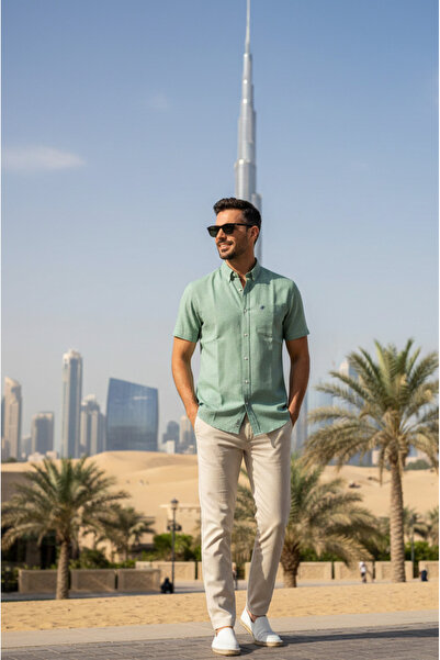 Chordi Men's Regular Fit Short Sleeve Single Pocket Premium Linen Shirt