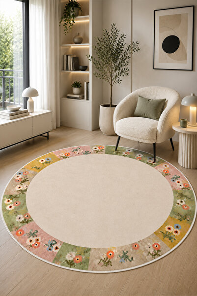 PINKIE HOME Dijital Baskı Kaymaz Taban Yıkanabilir Çiçekli Soft Pembe Salon H...