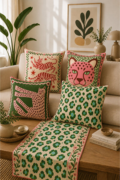 stellahomes Yeşil Leopar Desenli Modern Dekoratıf Kırlent Kılıfı ve Runner 5 ...