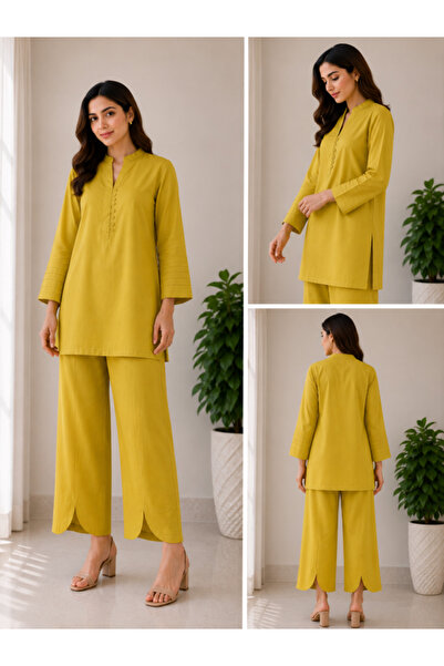 Libas lab - Cotton Blend Co-Ord Set – Mustard Yellow - Mandarin Collar Tunic ...
