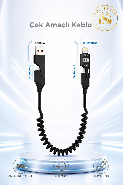 Solistech 4 in 1 Şarj Kablosu Type-C Lightning Usb-A Type-C Super Hızlı Akordiyonlu 65W Kablo 480 MBPS Kırılmaz Ergonomik Tasarım