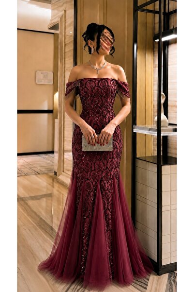 Jood Women's Evening Dress Embroidered with Dropped Shoulders and Tulle Skirt