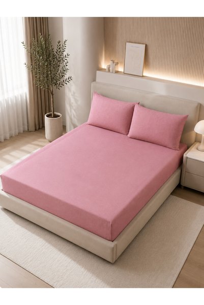 Rasel Tekstil Dream Soft Cotton Pink Double Elastic Bed Sheet Set 160X200 cm + 2 Pillowcases