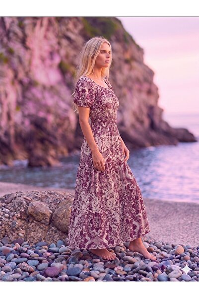Flubutik Women's Woven Watermelon Sleeve Long Dress Plum White