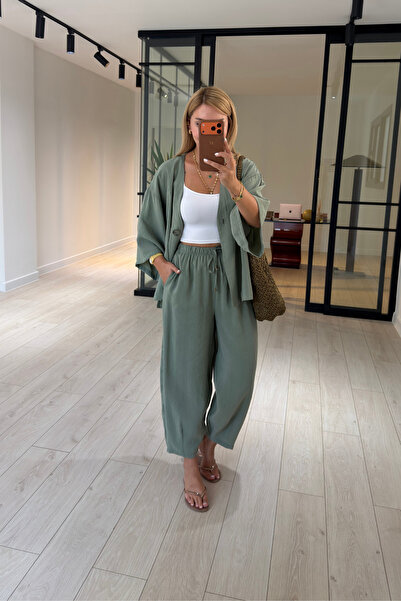 Sezgi Tekin Single Button Shirt/Slouchy Pants Khaki Tencel Modal Set