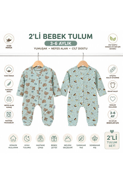 Melisa Ticaret 2Lierkek Bebek Tulum Zıbın 3-6 Ay 100% Cotton Snap Fastener Lo...