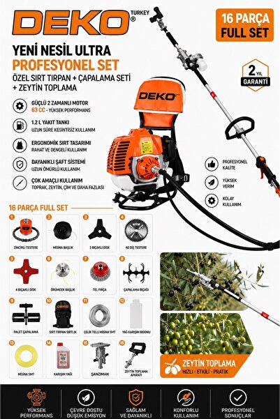 63CC Benzinli Sırt Tırpanı 16 Parça Full Set | Zeytin Toplama Aparatı + Çapalama + Zincirli Set