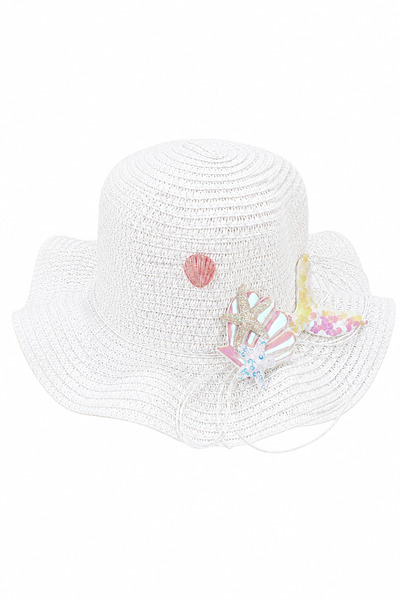 bebegen Girl's White Sequined Seashell Straw Fedora Hat 1-4 Years Old